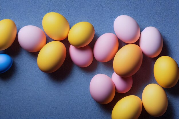 Un tas d'oeufs de pâques colorés sur fond bleu