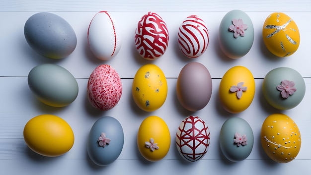 Un tas d'œufs de Pâques colorés avec un motif floral sur le devant.