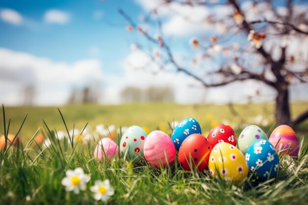 Un tas d'œufs de Pâques colorés et peints en fleurs dans de l'herbe et des fleurs vertes parfaites