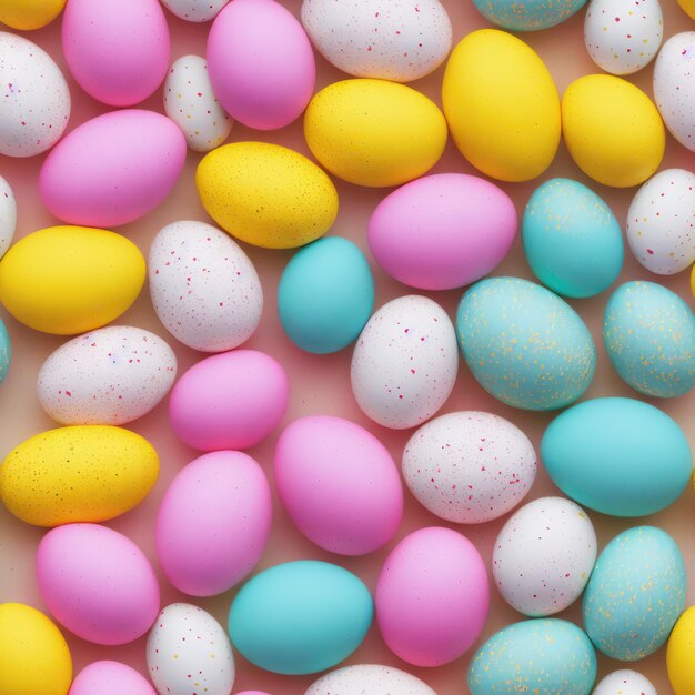 Un tas d'œufs de Pâques colorés sont sur une table.