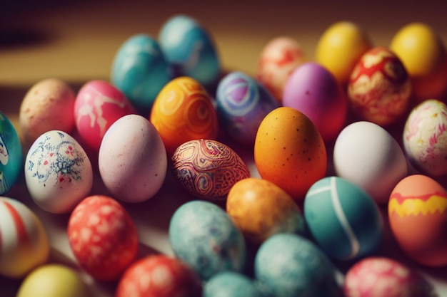 Un tas d'oeufs de pâques colorés sur une table