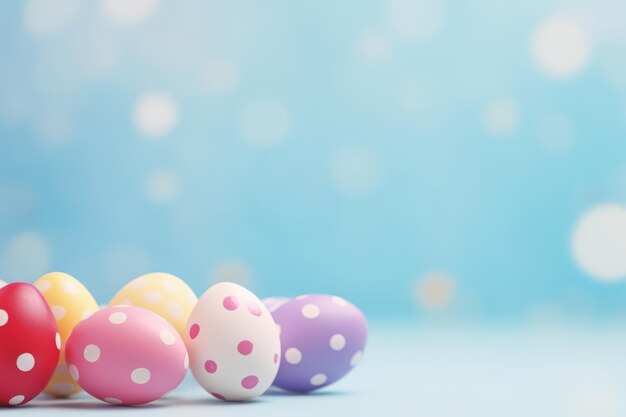 Un tas d'œufs de Pâques à pointes colorés sur un fond bleu avec un espace de copie