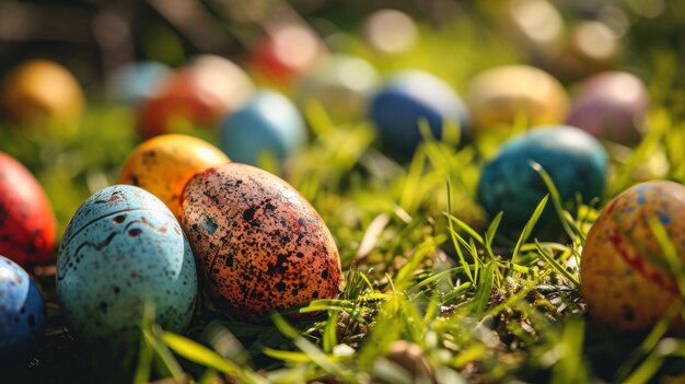 Un tas d'œufs de Pâques sont posés sur l'herbe.