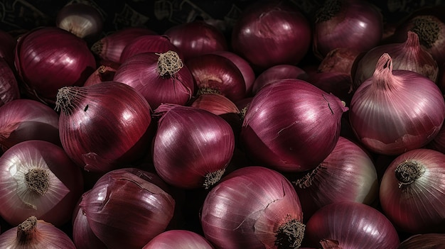 Un tas d'oignons rouges sur fond noir