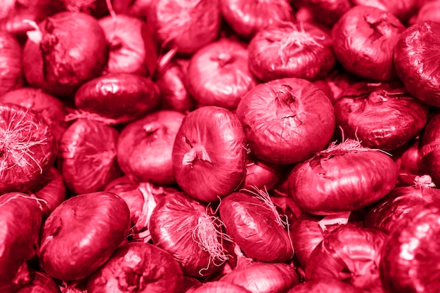 Un tas d'oignons rouges à salade de légumes comme arrière-plan dans les tons de couleur tendance magenta viva de l'année 2023