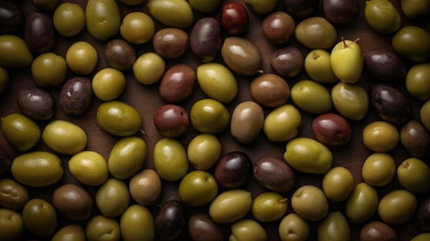 Un tas d'olives est représenté sur une table.