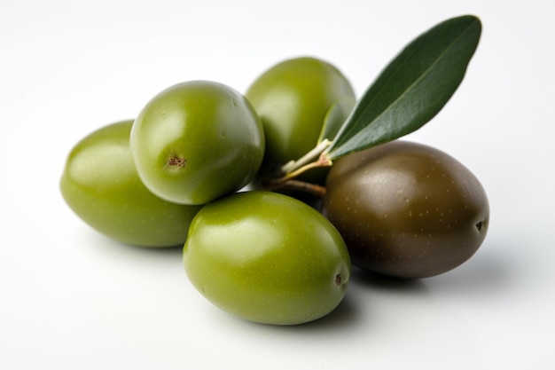 Un tas d'olives vertes avec une feuille dessus