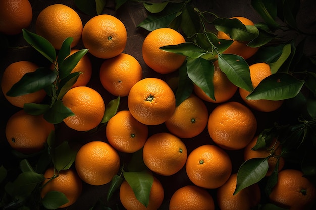 Un tas d'oranges avec des feuilles dessus