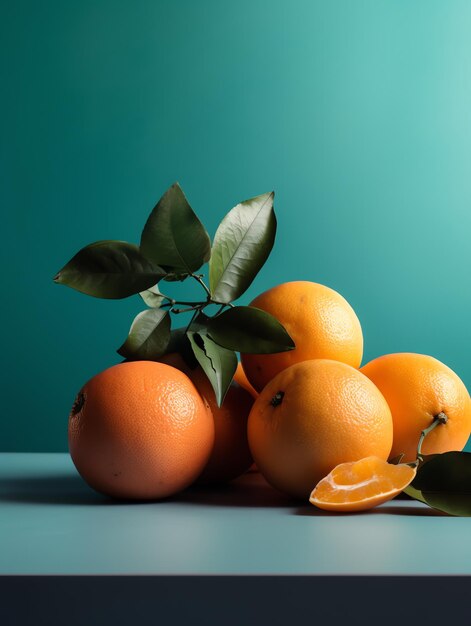 Un tas d'oranges avec des feuilles sur une table