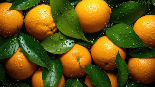 Un tas d'oranges avec des feuilles vertes et des gouttelettes d'eau dessus