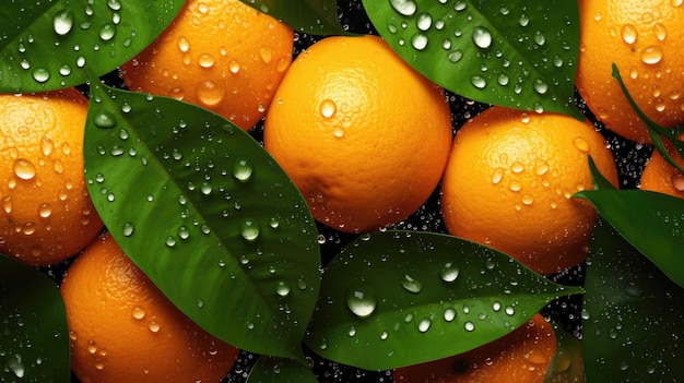 Un tas d'oranges avec des gouttes d'eau dessus