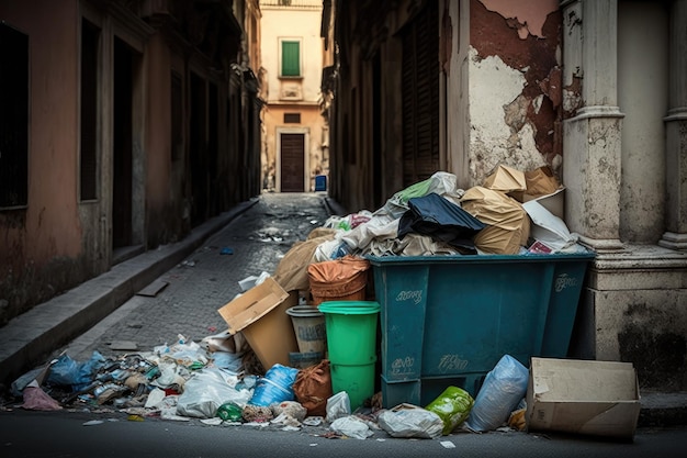 Tas d'ordures débordant dans la rue après la bacchanale