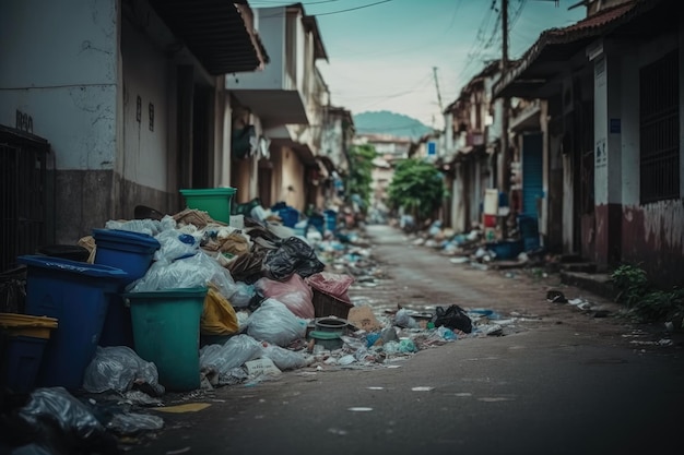 Des tas d'ordures et de détritus dans la rue en raison d'une collecte insuffisante des ordures débordantes