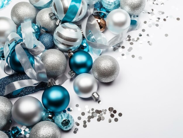 Un tas d'ornements de Noël avec des paillettes d'argent sur le dessus