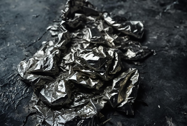 Un tas de papier d'aluminium est posé sur une surface noire.