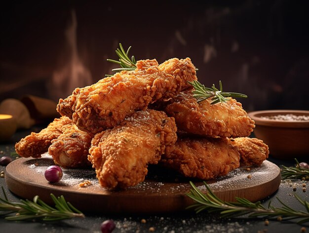 Un tas de pépites de poulet frit sur un plateau en bois avec du romarin sur le côté.