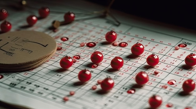 Un tas de perles rouges sur une table avec un signe qui dit "rouge"