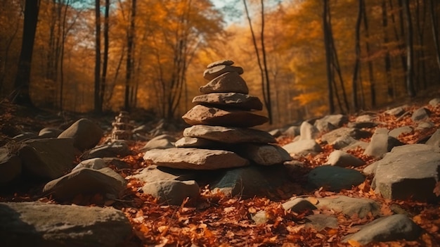 Un tas de pierres dans les bois avec les feuilles dessus