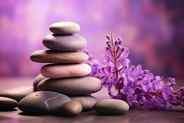 Photo un tas de pierres avec une fleur violette sur elles