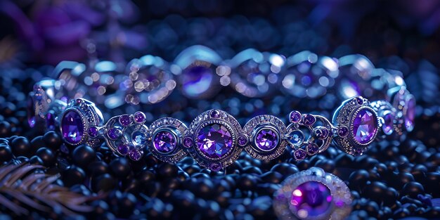 Photo un tas de pierres précieuses violettes avec des perles violettes et des diamants