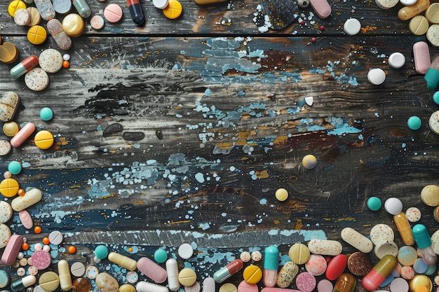 Un tas de pilules colorées sont éparpillées sur une surface en bois