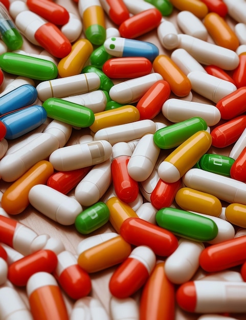 Un tas de pilules colorées sont sur une table.