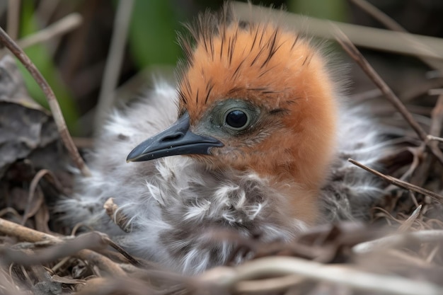 Tas de plumes duveteuses dans le nid avec un petit bec créé avec une IA générative