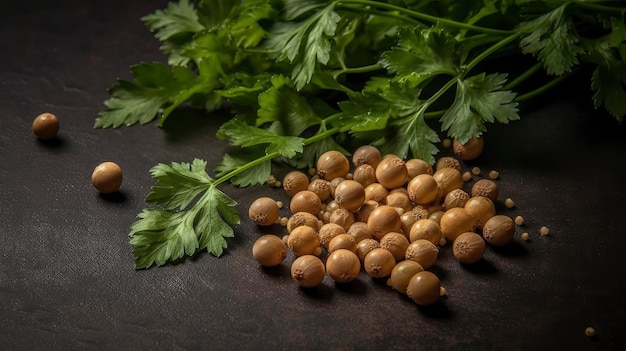 Un tas de pois chiches en bois avec un tas de persil sur un tableau noir.