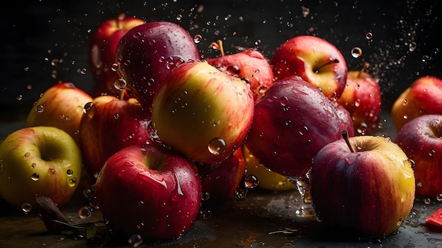 Un tas de pommes avec des gouttelettes d'eau dessus