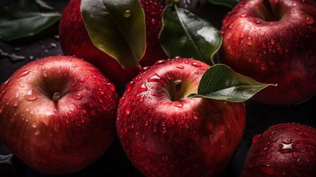 Un tas de pommes rouges avec des feuilles vertes dessus