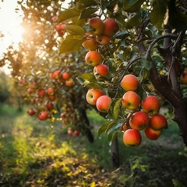 Un tas de pommes sont sur l'arbre dans le verger.