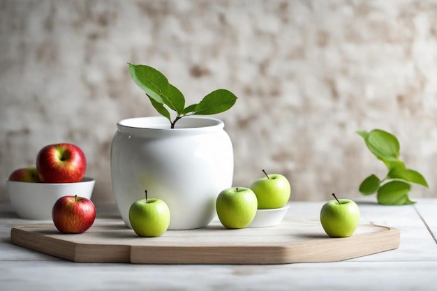 un tas de pommes sont sur une planche de bois avec une qui a une feuille dedans