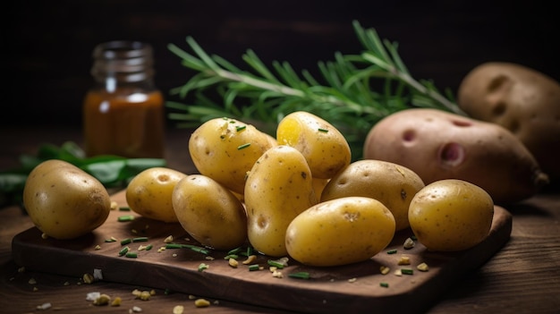 Un tas de pommes de terre sur une planche à découper en bois avec des épices et des herbes sur le côté.