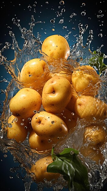 Photo un tas de pommes de terre sont pulvérisées avec de l'eau et d'autres fruits