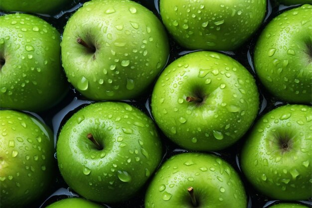 Photo un tas de pommes vertes avec des gouttelettes d'eau dessus