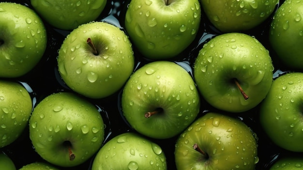 Un tas de pommes vertes avec des gouttelettes d'eau dessus