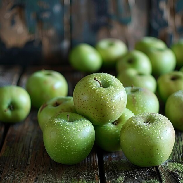 Photo un tas de pommes vertes avec des gouttes d'eau sur une table en bois