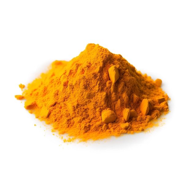 Un tas de poudre de curcuma sur fond blanc