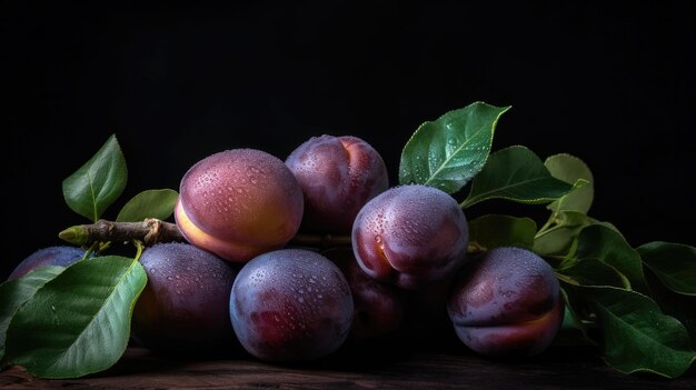 Un tas de prunes sur fond noir