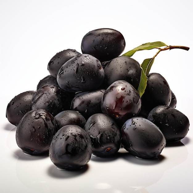 un tas de prunes noires avec un fond blanc isolé