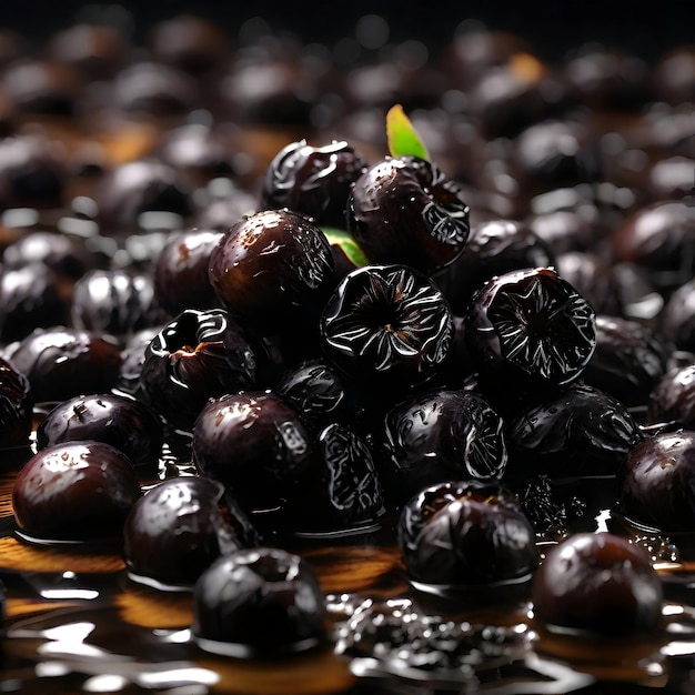 un tas de prunes noires avec un fond noir isolé