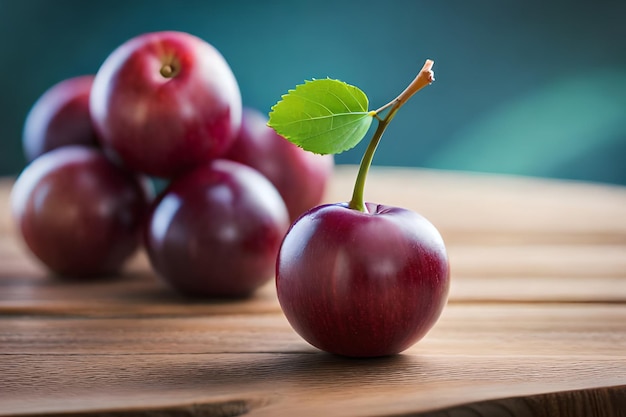 Un tas de prunes sur une planche de bois avec une feuille verte