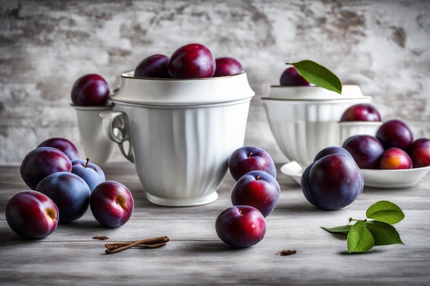 un tas de prunes sont sur une table avec quelques autres bols