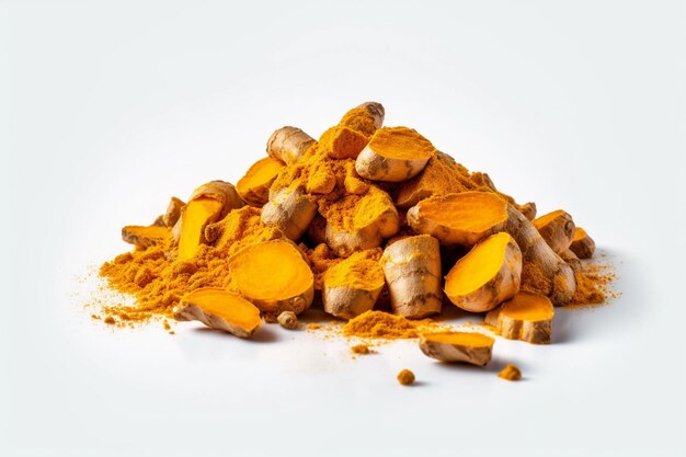 Photo un tas de racine de curcuma à côté d'un tas de curcuma.