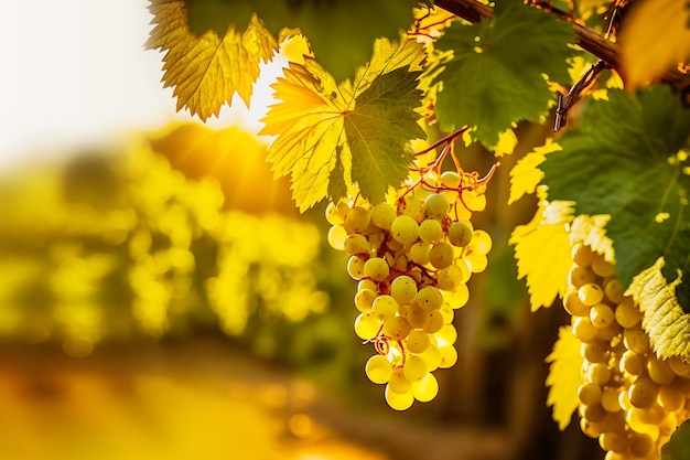 Un tas de raisins doux verts mûrs sur une vigne sur fond de paysage flou