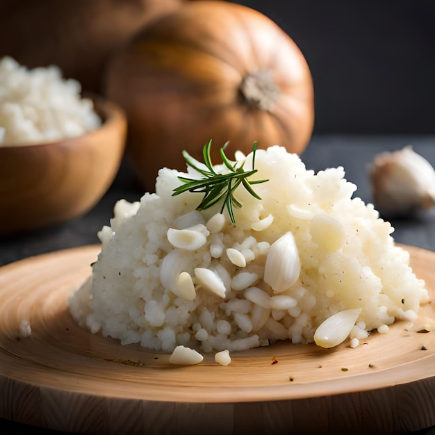 Un tas de riz blanc avec un brin de romarin sur le dessus.