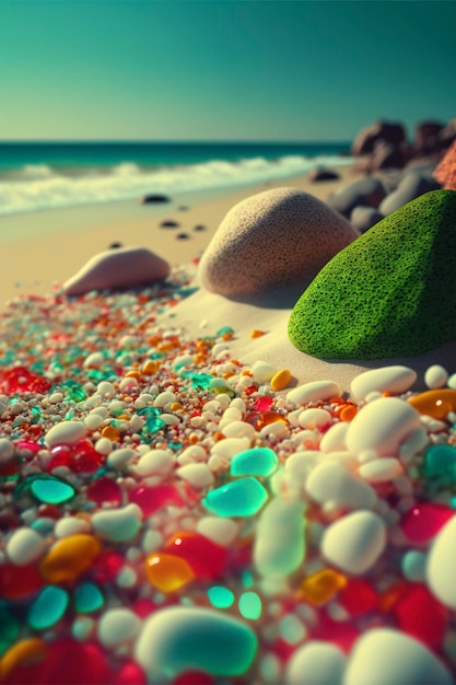 Tas de rochers assis au sommet d'une ai générative de plage de sable