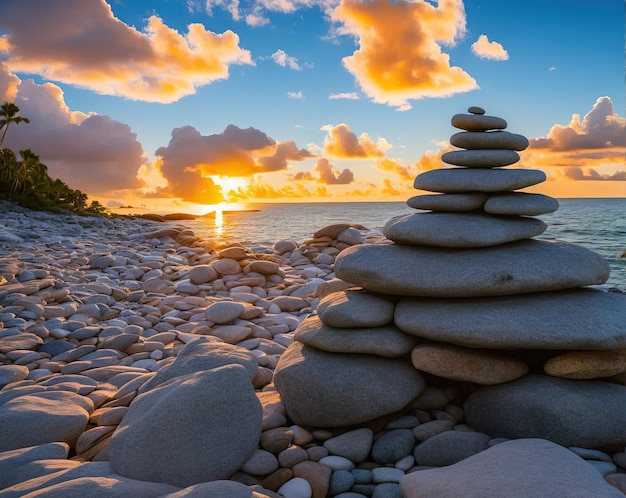 tas de rochers beau coucher de soleil sur la mer