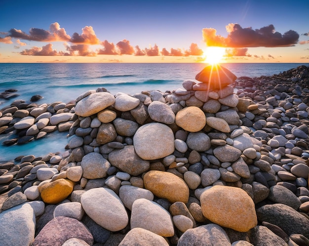 tas de rochers beau coucher de soleil sur la mer