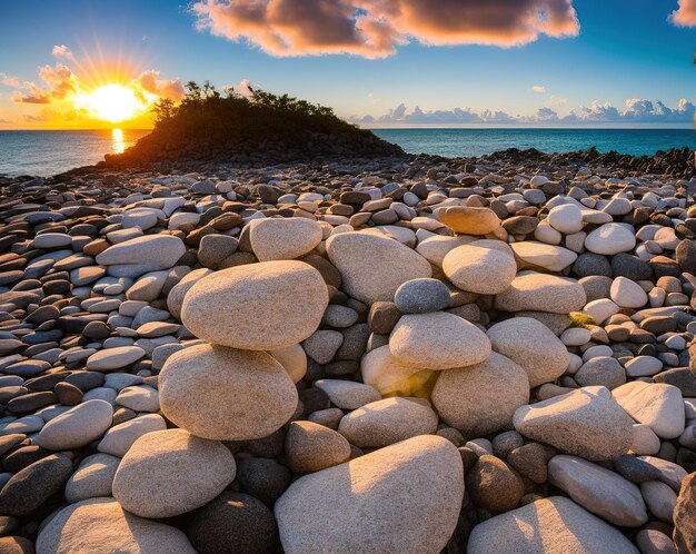 tas de rochers beau coucher de soleil sur la mer